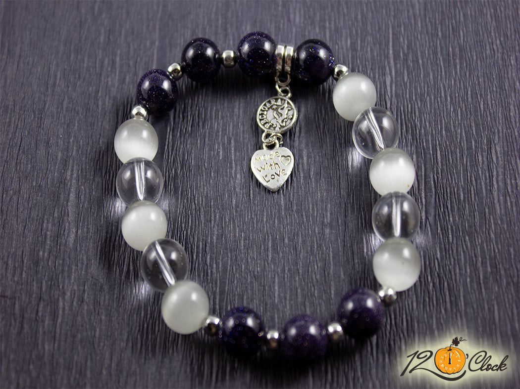 Гривна "Слънчев камък, светло сиво котешко око и планински кристал" - зодия Дева