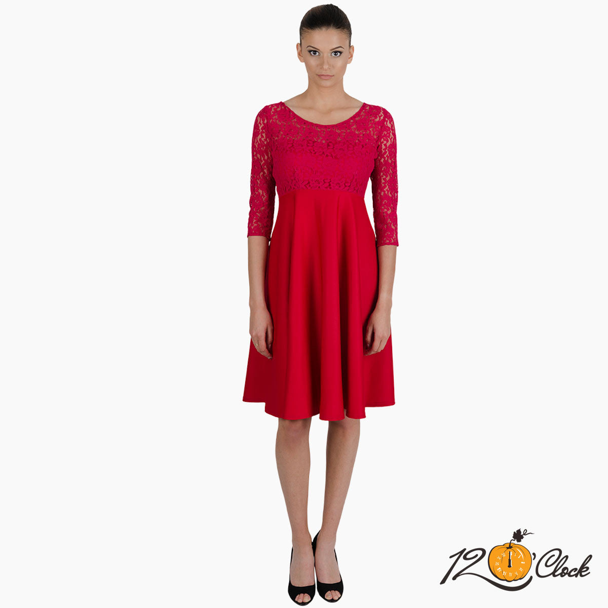 Пролетна рокля от неопрен и дантела в червено малинен цвят от Twelve O'clock