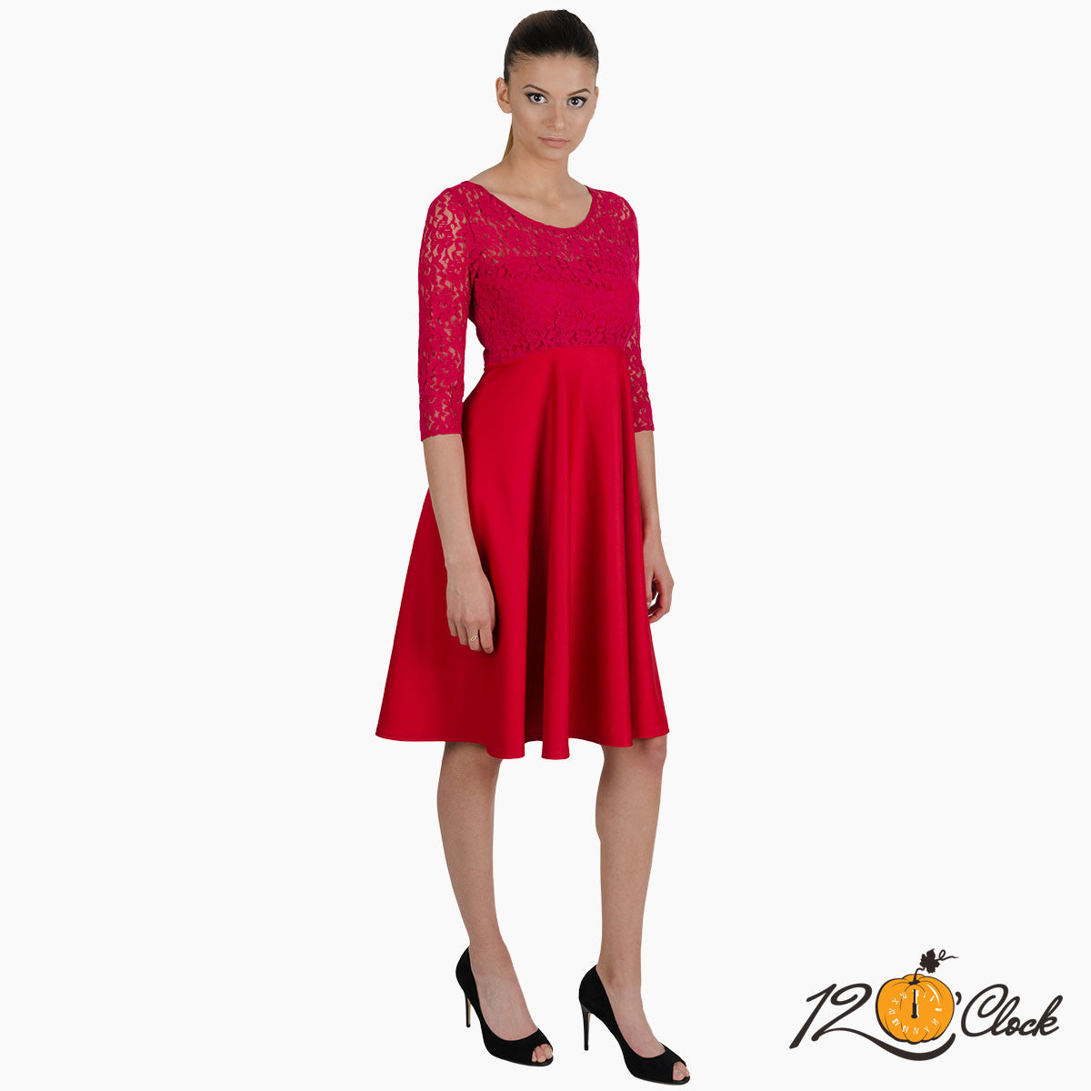 Пролетна рокля от неопрен и дантела в червено малинен цвят от Twelve O'clock