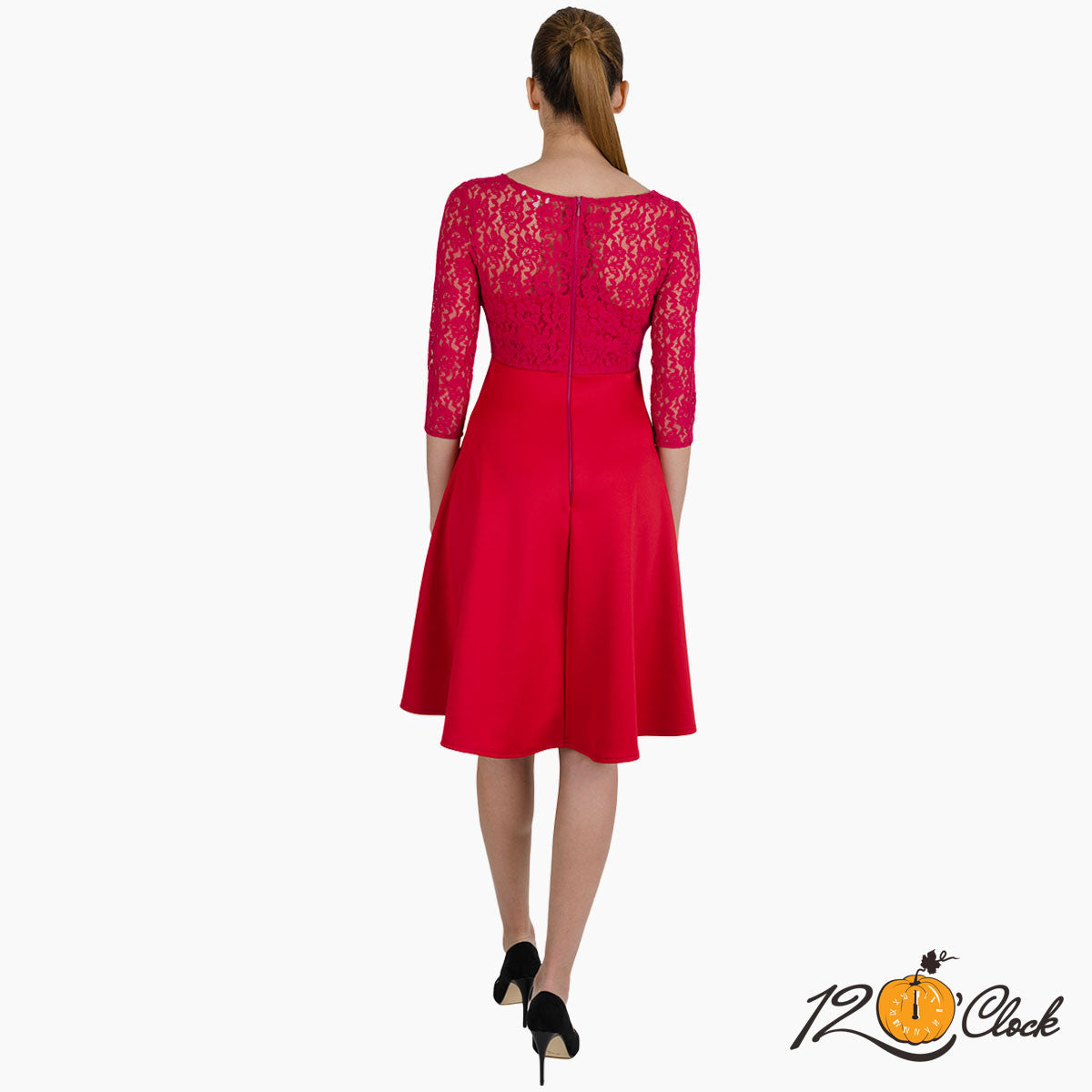 Пролетна рокля от неопрен и дантела в червено малинен цвят от Twelve O'clock