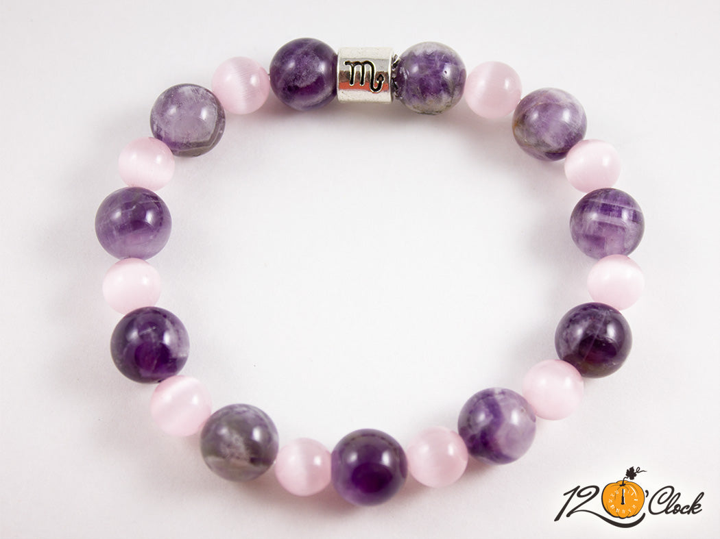 Гривна "Аметист и розово котешко око" - зодия Скорпион