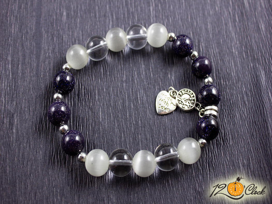 Гривна "Слънчев камък, светло сиво котешко око и планински  кристал" - зодия Дева