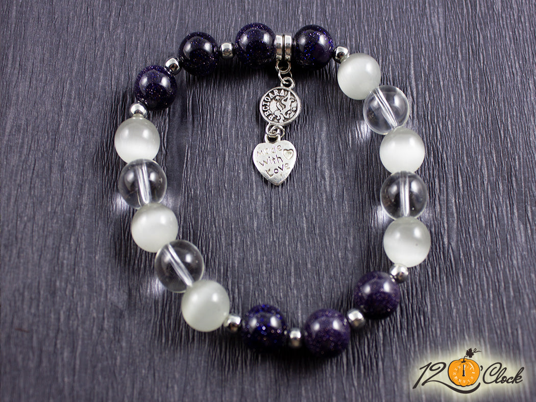 Гривна "Слънчев камък, светло сиво котешко око и планински  кристал" - зодия Дева