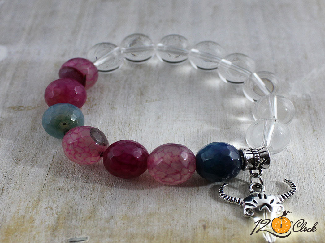 Гривна "Годината на металния бик" -розов и морско син ахат и планински кристал