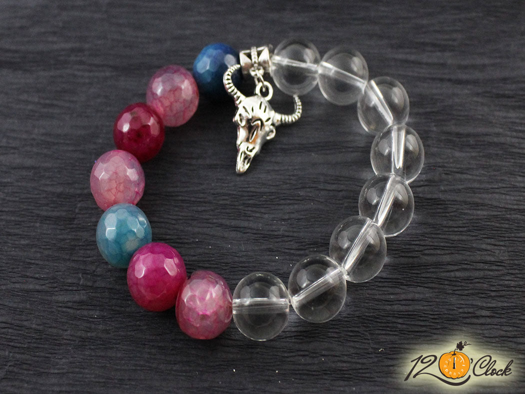 Гривна "Годината на металния бик" -розов и морско син ахат и планински кристал