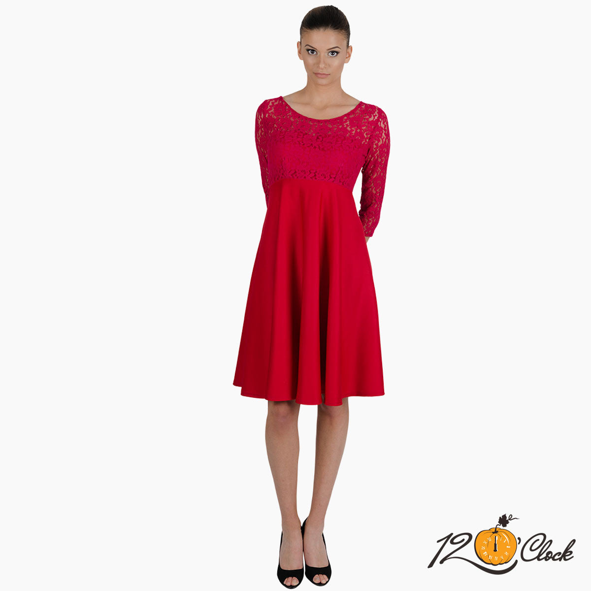 Пролетна рокля от неопрен и дантела в червено малинен цвят от Twelve O'clock