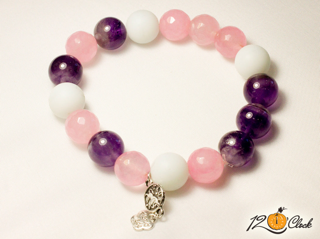 Гривна Аметист, розов фасетиран кварц и бял ахат мат зодия телец от Twelve O'clock