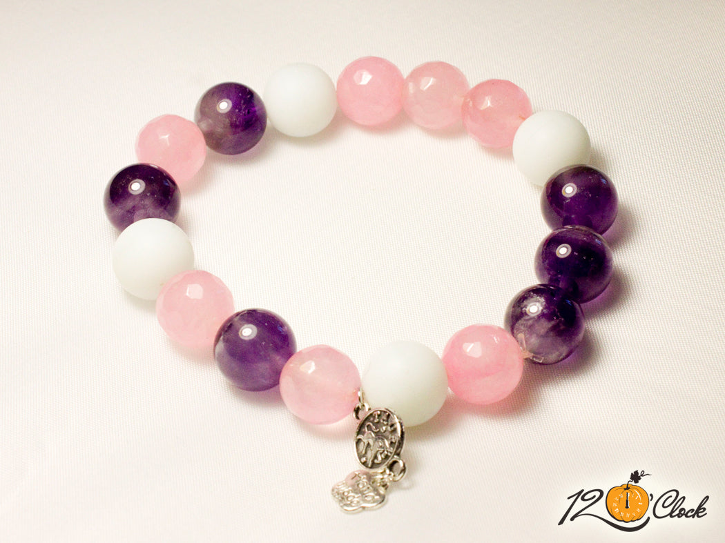 Гривна Аметист, розов фасетиран кварц и бял ахат мат зодия телец от Twelve O'clock