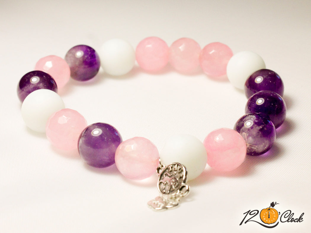 Гривна Аметист, розов фасетиран кварц и бял ахат мат зодия телец от Twelve O'clock