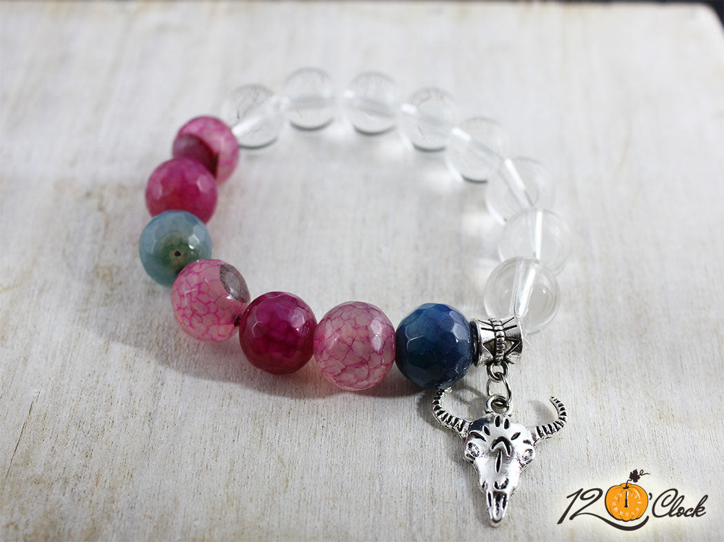 Гривна "Годината на металния бик" -розов и морско син ахат и планински кристал